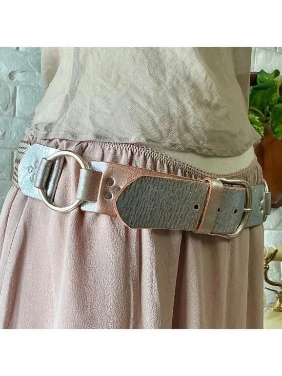 Vintage 90s Y2K Cache Metallic Silver Brushed Handmade Leather Woven Back Wide B - Picture 6 of 12